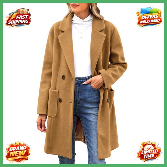 Wool Blend Double Breasted Trench Coat Mid Length Notch Lapel Women's